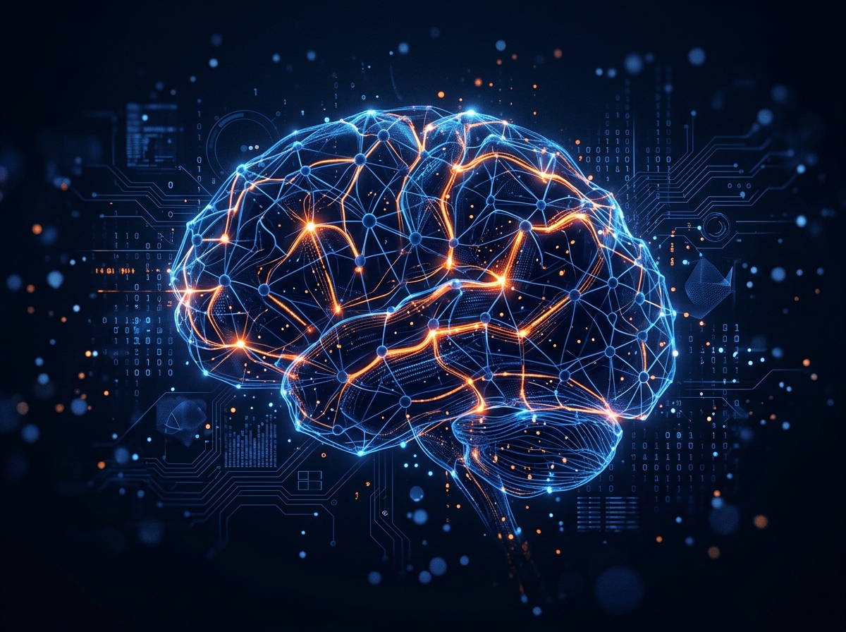 Illustration of an AI neural network with glowing nodes and data flow lines representing Artificial Intelligence and Machine Learning